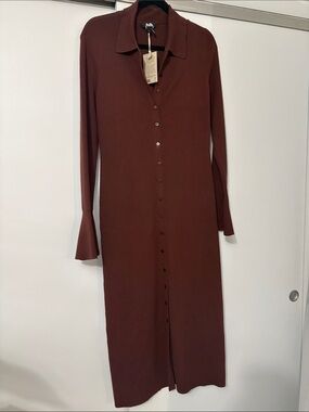 NWT Paige size Large Tascha Button-Front Bell Sleeve Knit Dress in Burnt Umber